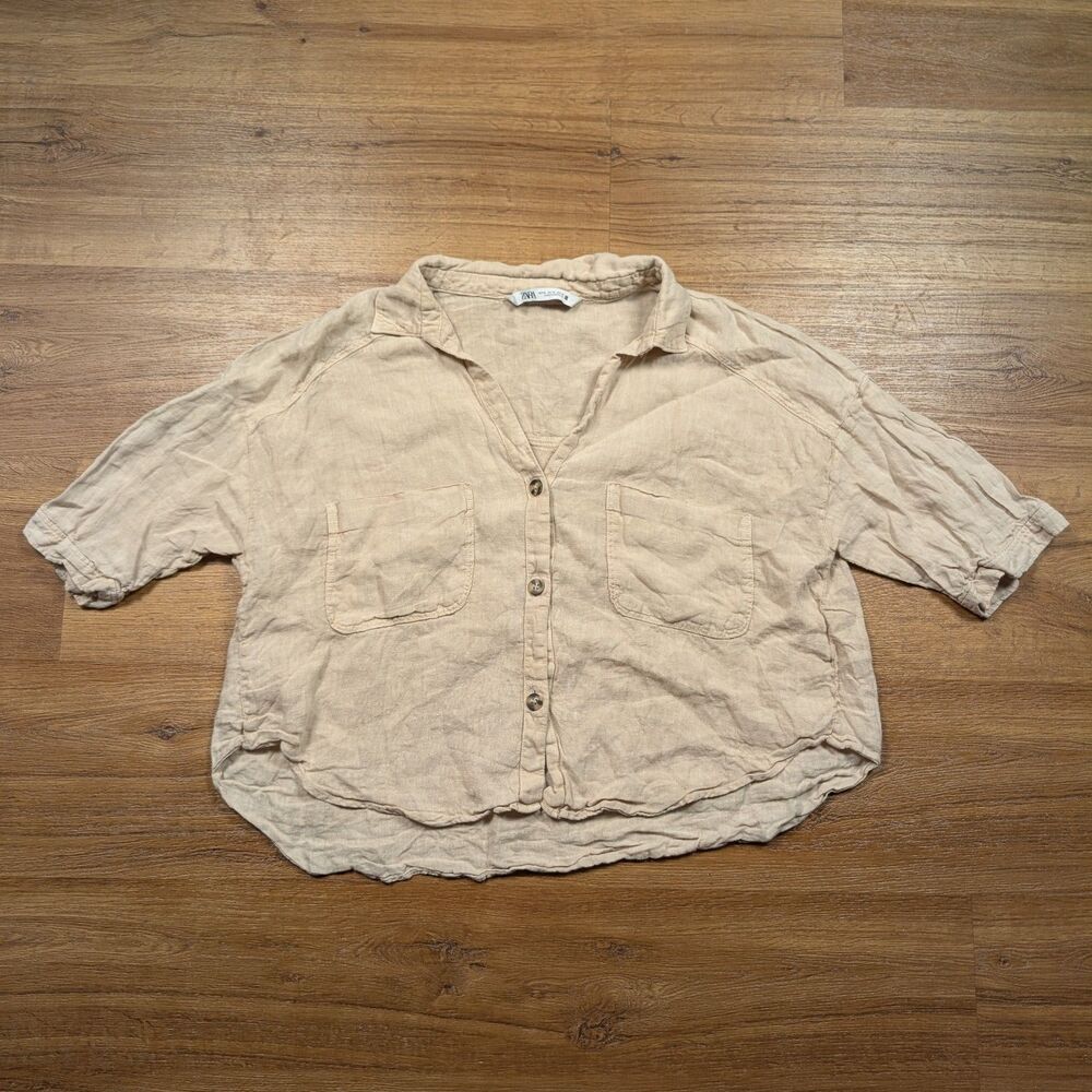Zara Linen Top Cropped Button Up Womens XL Beige Pockets Lagenlook Slouchy Boxy